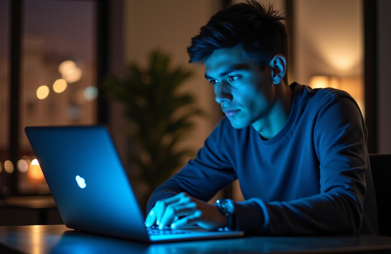 Studente concentrato mentre lavora al proprio computer in un ambiente moderno
