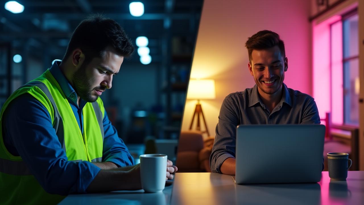 Persona stanca del lavoro manuale che sogna un futuro digitale