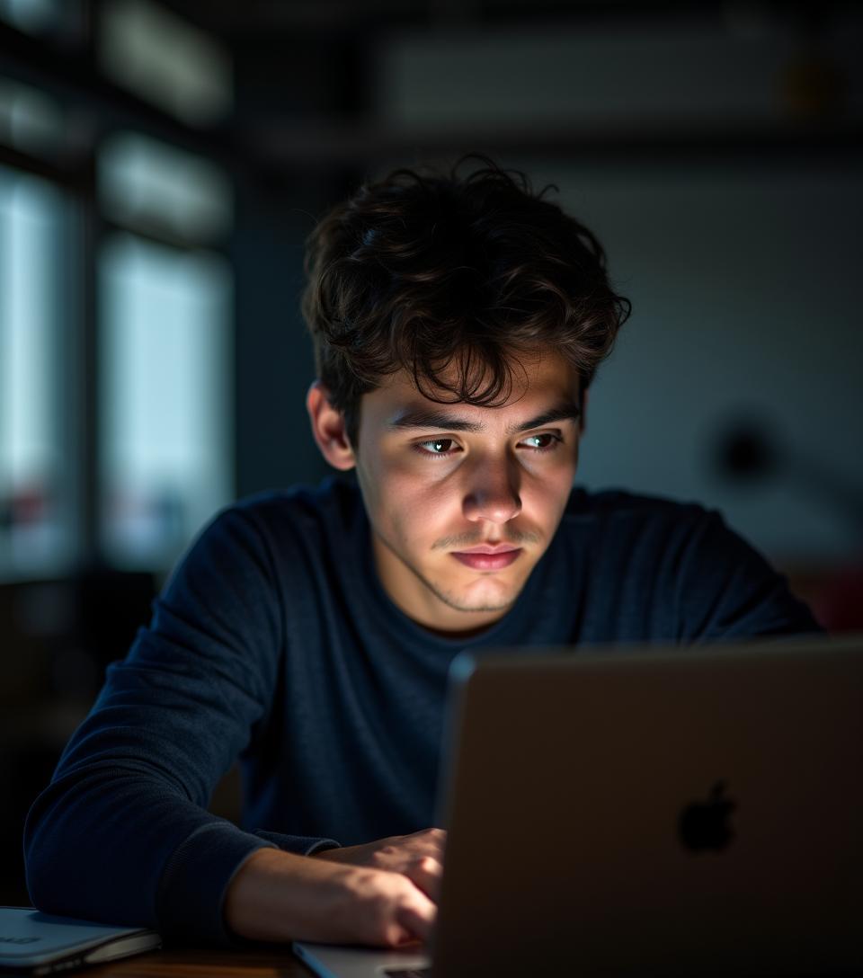 Studente sorridente che lavora al computer in un ambiente moderno